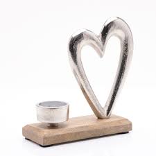 Metal Heart & Wood Tea Light Holder